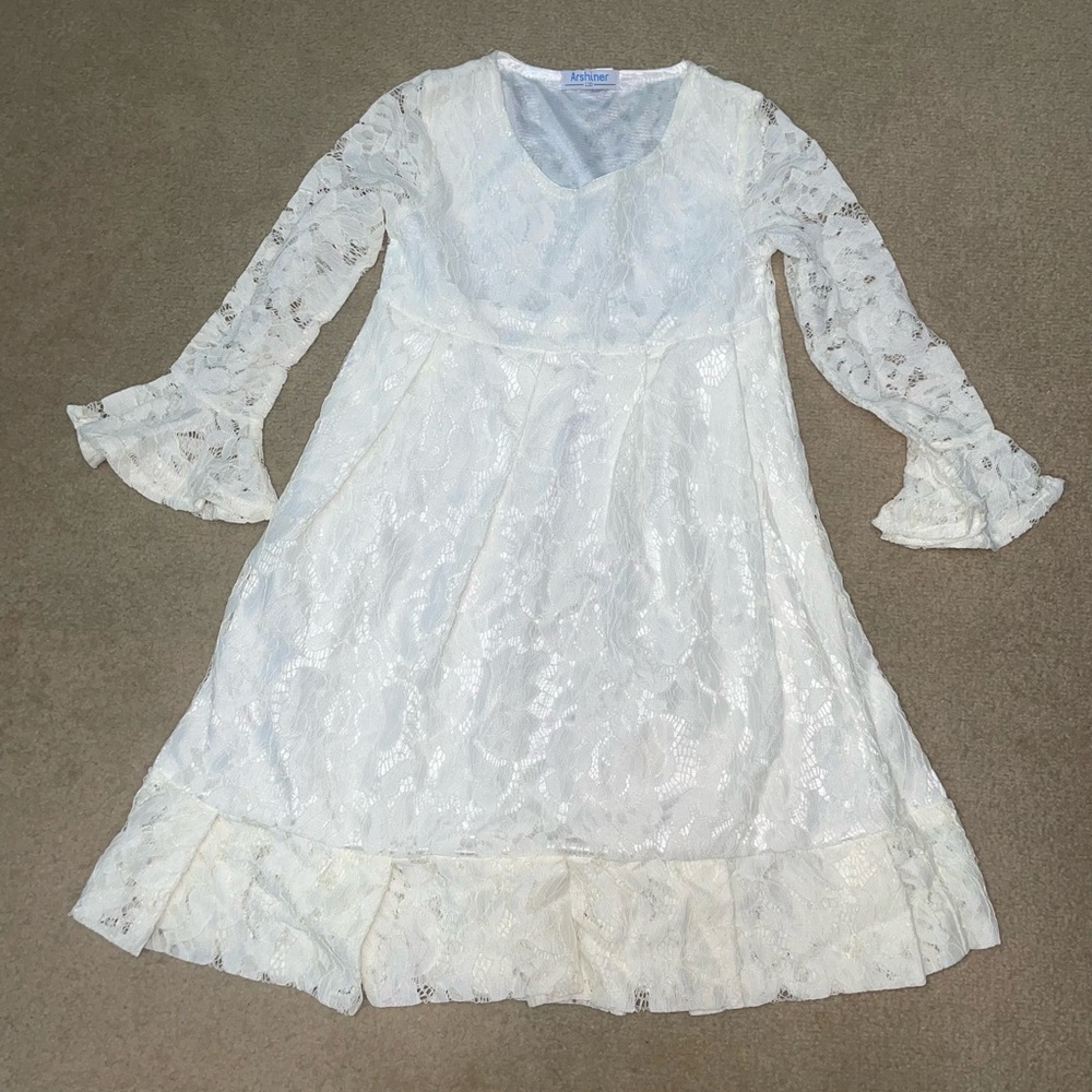 Girls Sz 5 Arshiner White Lace Bell-Sleeve Dresss